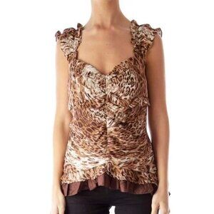 Bryan Bradley Silk Brown Animal Print Ruffle Ruched Ruffle Top Womens Small